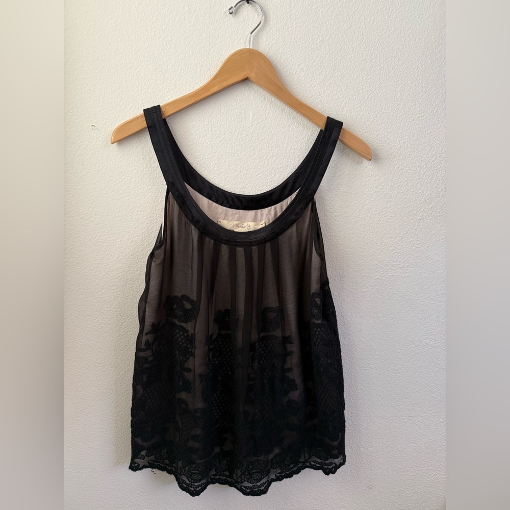 Hanii Y 100% Silk Blouse Tank‎ Top Women’s Sheer Embroidered Floral Black Large